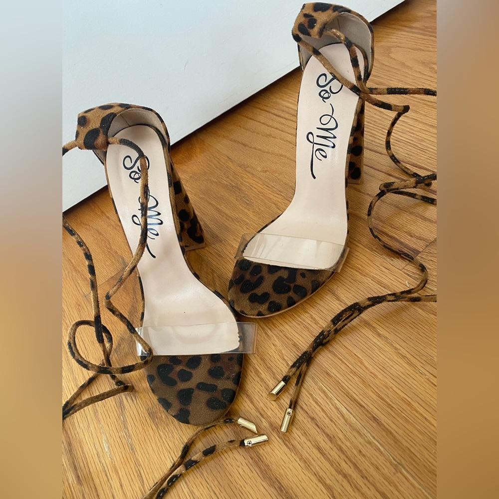 Leopard print clear toe strap heel